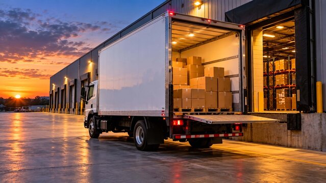 White delivery truck loading cardboard boxes at warehouse dock during