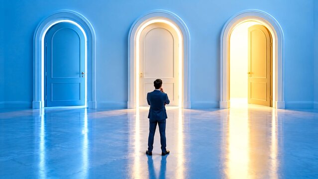 Businessman standing before three arched doors choosing path in
