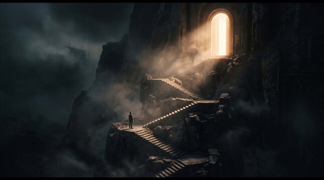 Lone person standing on stone stairs leading to glowing portal in