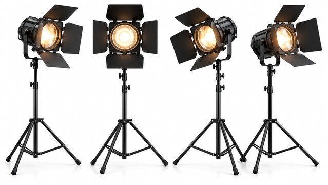 Four black studio spotlights with barn doors on tripods against white