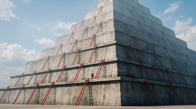Tiny businessman standing before massive concrete pyramid with many