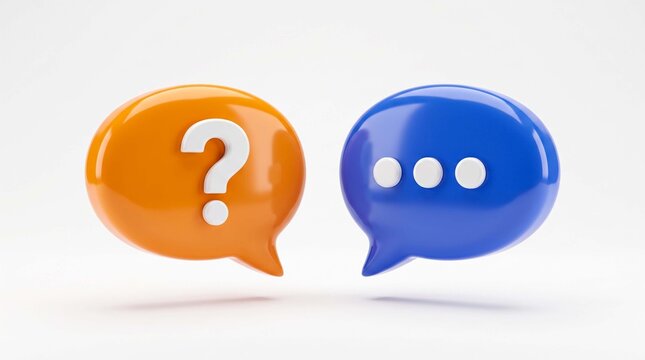 Orange question mark and blue ellipsis speech bubbles on white