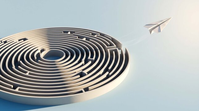 Paper plane flying out of circular maze on light blue background with
