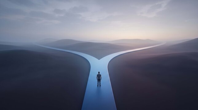 Man standing at a fork in the road choosing between two paths ahead