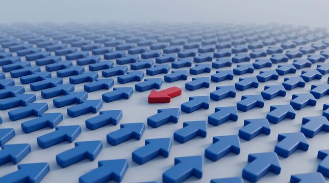 Single red arrow pointing opposite to many blue arrows on white