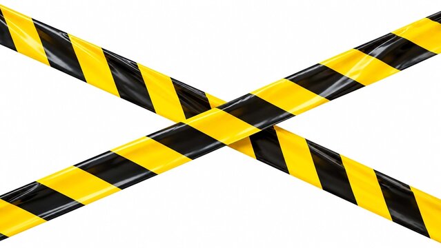 Yellow and black caution tape strips crossed on a plain white