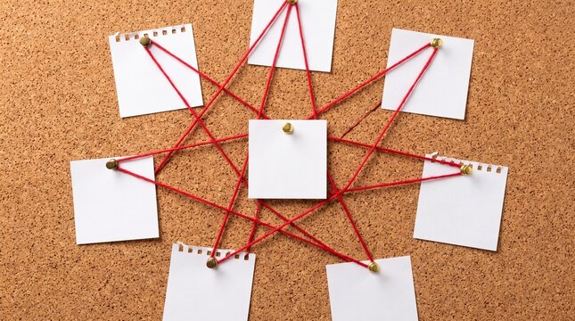 Investigation cork board with red string network connecting blank paper notes, detective mind map concept for business strategy