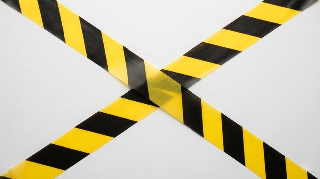 Yellow and black hazard warning tape crossed on a plain white