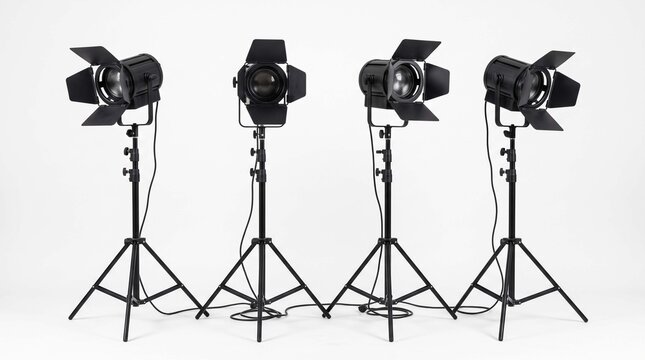 Four studio lights with barn doors on black tripods against plain