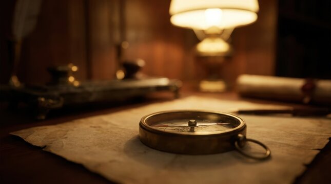 Brass compass on parchment with trembling needle under lamplight