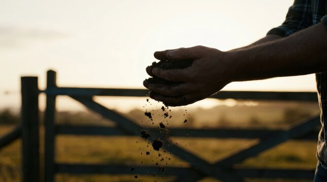 Farmer holding rich soil in cupped hands at a pasture gate under bright sky