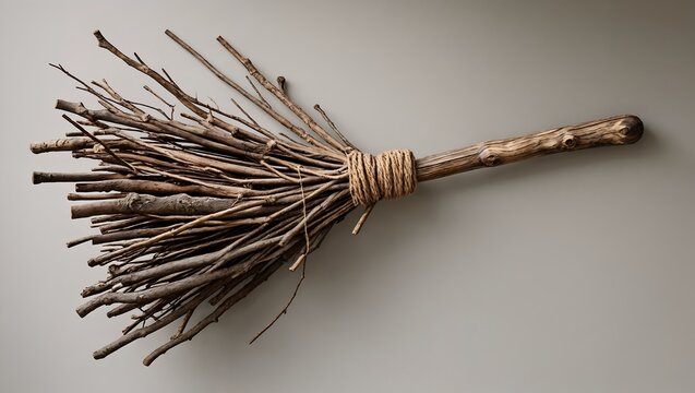 A rustic witch broomstick constructed from a bundle of dry twigs and a wooden handle tied with jute rope, isolated on a plain light gray background