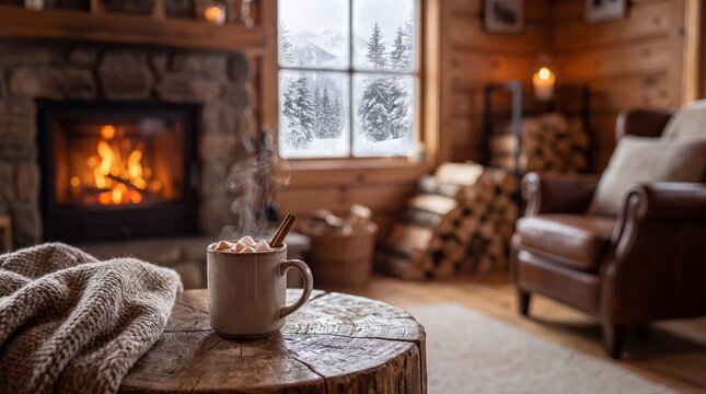 Cozy Winter Cabin Hot Chocolate Mug by Fireplace - Wintry Escape