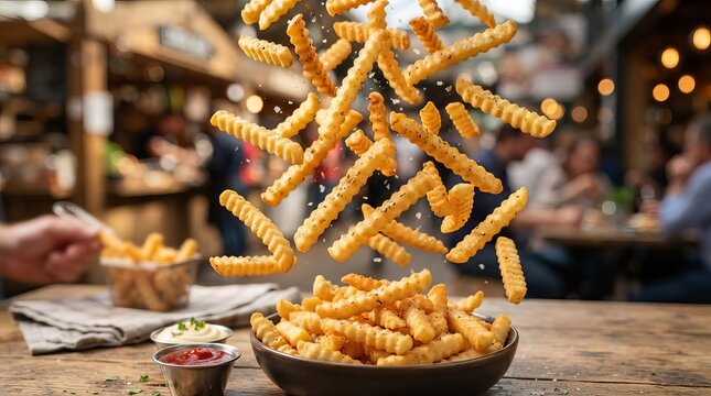 Stunning View of Crispy Crinkle Cut French Fries Suspended in Air Served in Bowl with Condiments.
