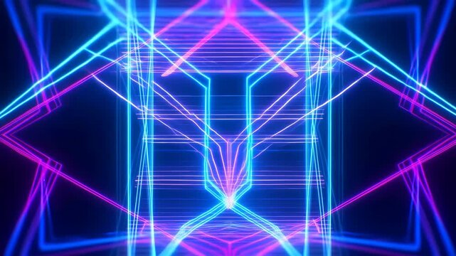Cyan and magenta neon lines shift through symmetrical geometric patterns on dark blue background, forming layered angular outlines and bright intersections around centered open space