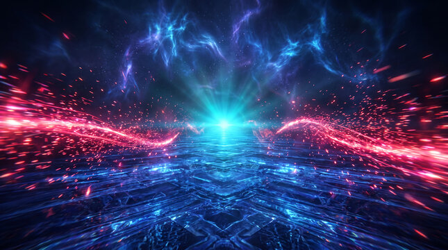 Abstract cosmic pathway with glowing blue and red trails, suggesting speed, energy, and a journey through a nebula, perfect for science or technology themes