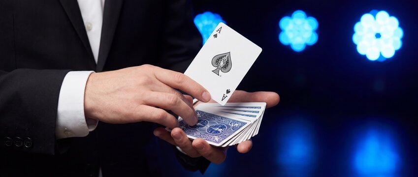 Magician displaying ace of spades playing card above a deck on stage. Close-up of card handling during a magic trick. Entertainment and illusion. Casino games and sleight of hand.