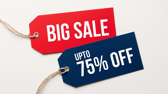 Two hang tags, one red with "BIG SALE" and one blue with "UPTO 75% OFF", suggesting commerce and discounts, with ample free space for text