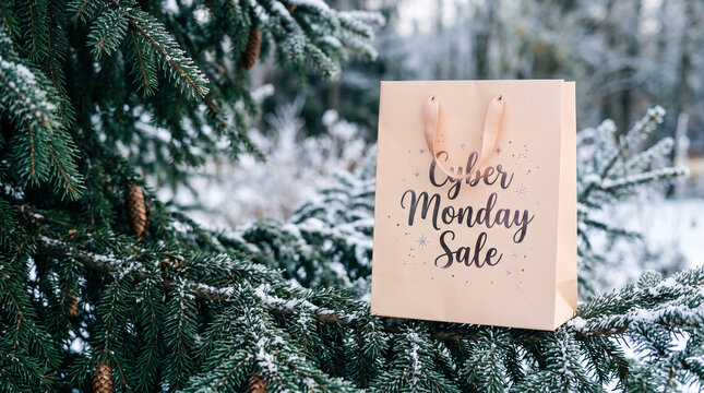 A light peach shopping bag with "Cyber Monday Sale" text rests on a snow-covered pine branch, symbolizing seasonal promotions and winter shopping
