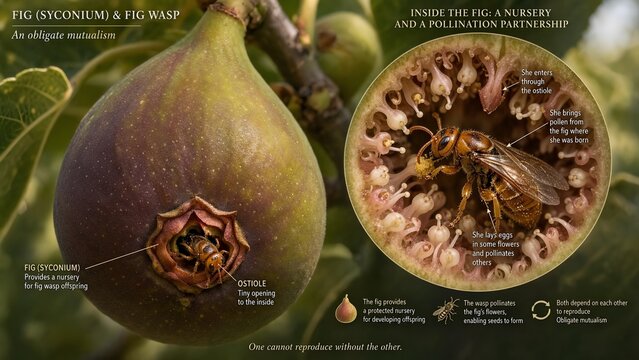 Scientific ecological model of fig syconium demonstrating wasp mutualism with detailed inset of female wasp entering through ostiole for pollination and egg placement inside