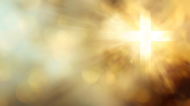 White radiant cross in a soft golden worship background