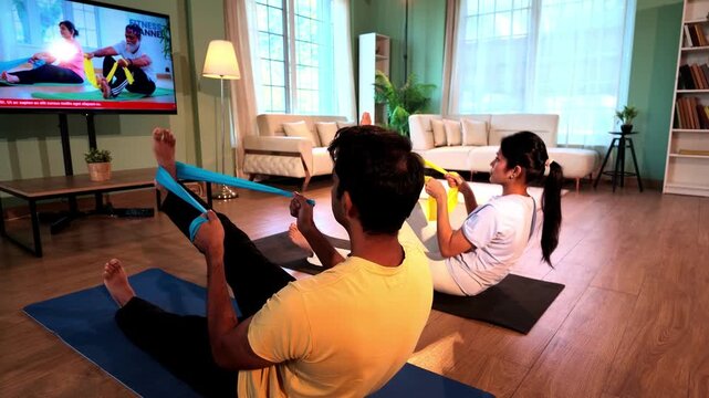 Young Indian couple sitting on the floor and stretching their legs with resistance bands held in both hands while following a TV fitness tutorial in a lavish modern home.