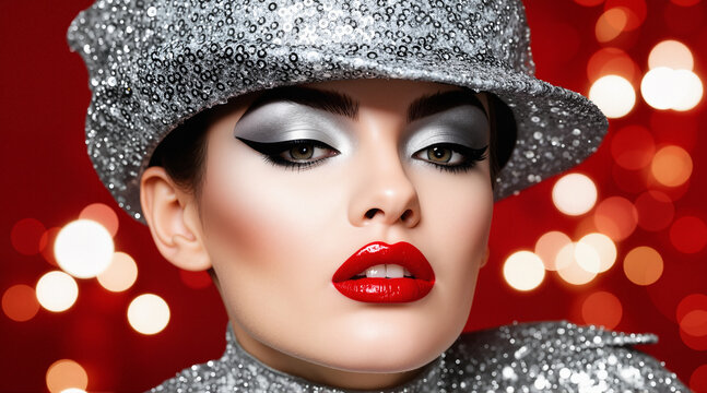 Red background with woman in silver sequin hat and dress, red lipstick and silver eyeshadow makeup portrait