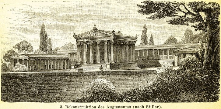 Reconstruction of Augusteum, excavations of Pergamon, ancient Greek city founding in present-day Turkey, archeology, columns, architecture, historical illustration 1885