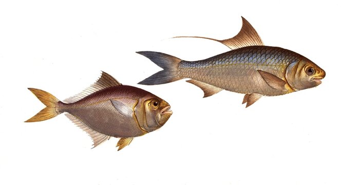 Fish, fish, left: Group of perch relatives, Scomber minutus, the little mackerel, the little Mackrel. right: Fish genus of real herrings, Clupea nasus, the Nose Herring, Historic, digitally restored reproduction from an original from the 19th century, Record date not stated