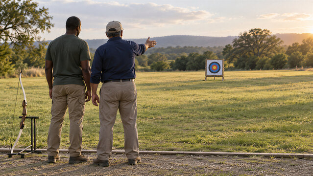 A coach indicates the vacant outdoor archery lane to a beginner behind the line with the recurve resting on its stand in a rear view of the lesson