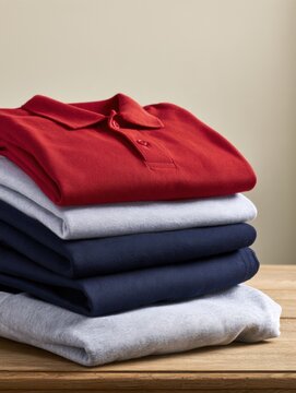 A neat stack of red, navy, grey polo shirts and school trousers on a wooden surface. Items are prepared for back to school.