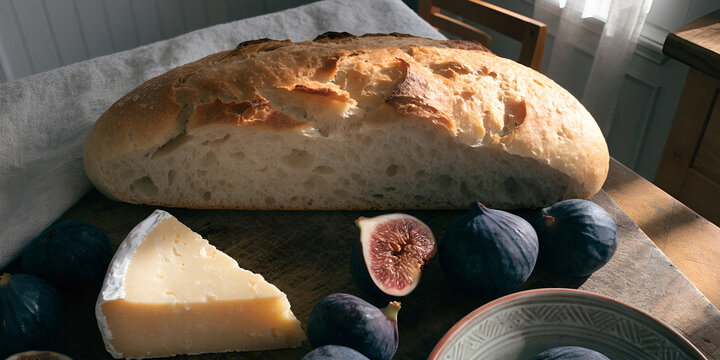 Fresh sourdough bread with cheese and figs on a rustic wooden board