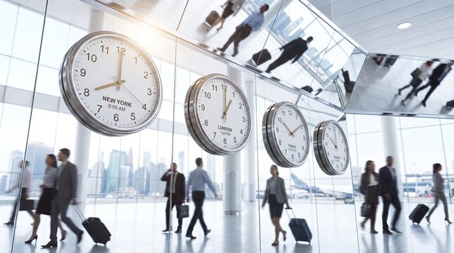 World clocks in a glass airport terminal as travelers walk with luggage. International time zones and global business. Air travel and commuting. Modern corporate transportation hub.