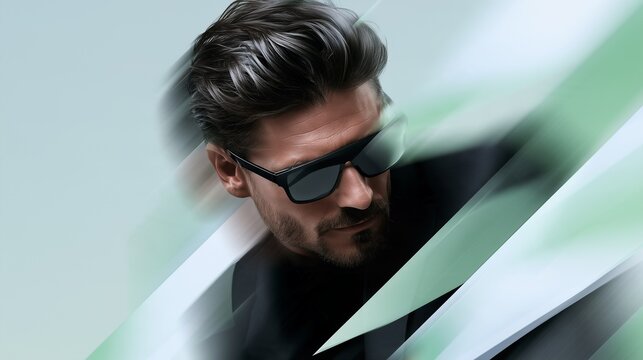 Stylish bearded man wearing dark sunglasses in a modern fashion portrait for a lifestyle advertising campaign.