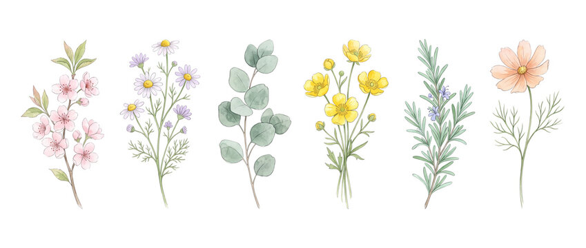 Watercolor wildflower botanical illustration set with cherry blossom chamomile eucalyptus buttercup rosemary and cosmos floral clipart isolated on black background for design art decor spring wedding