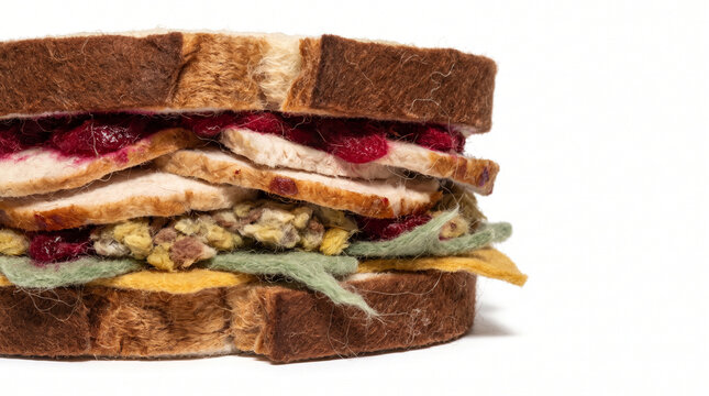 Leftover turkey sandwich with cranberry and stuffing on brown bread  