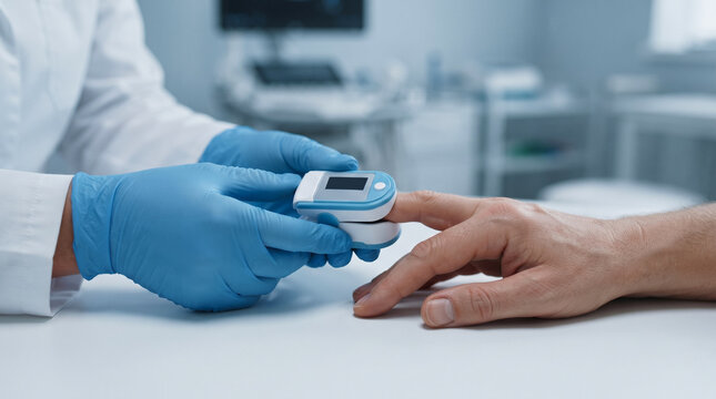 Doctor wearing gloves attaching pulse oximeter to patient finger