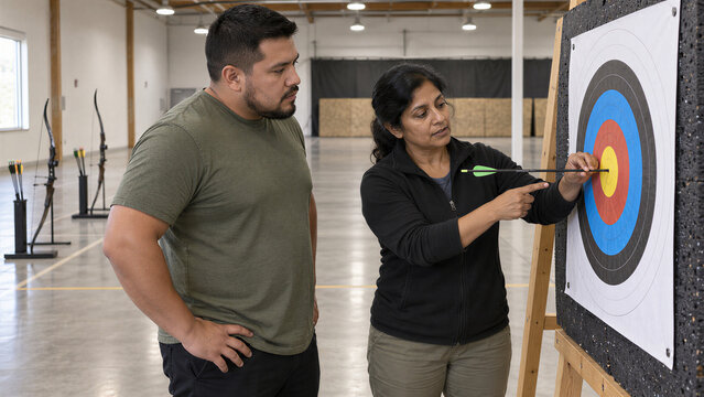 An archery coach explains arrow retrieval beside a ring target while a beginner watches the hand position during a pause at an indoor range