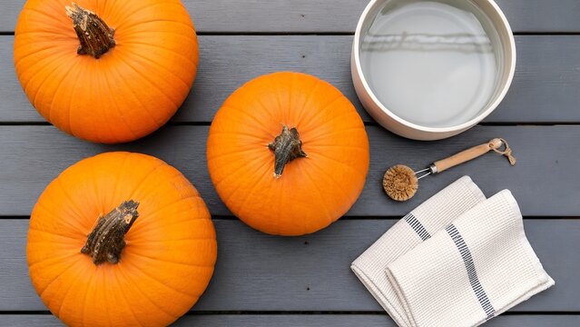 Top view of pumpkins with cleaning supplies and water bowl on blue wooden deck flat lay