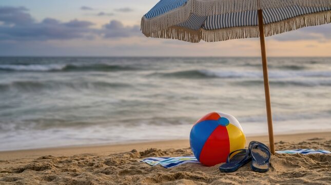 Beach ball, flip flops and umbrella in a seaside still life with blurred surf and smooth gray water for summer travel and leisure themes.