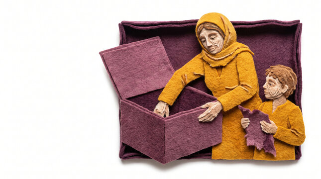 Mother and child looking into a box, exploring unwrapped gifts  