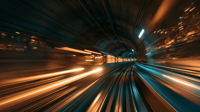 Subway Train Moving at High Speed Through Underground Tunnel
