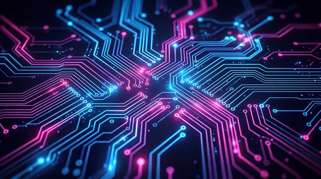 Futuristic Neon Circuit Board Background with Digital Cyber Connections