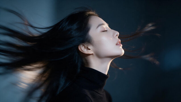 Asian Woman with Wind Blowing Hair and Closed Eyes