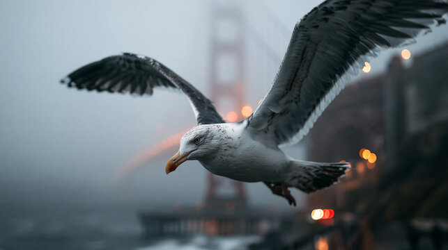 Seagull Flying in Fog Near Golden Gate Bridge