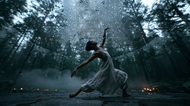 Graceful Contemporary Dancer Performing Under Sparkling Lights in Misty Forest