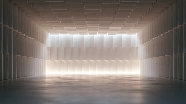Empty Modern Showroom Interior with Geometric Illuminated Walls