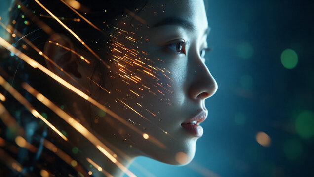 Young Asian Woman with Futuristic Digital Data Projections