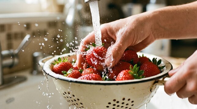 Hands washing fresh red strawberries in a colander under running water