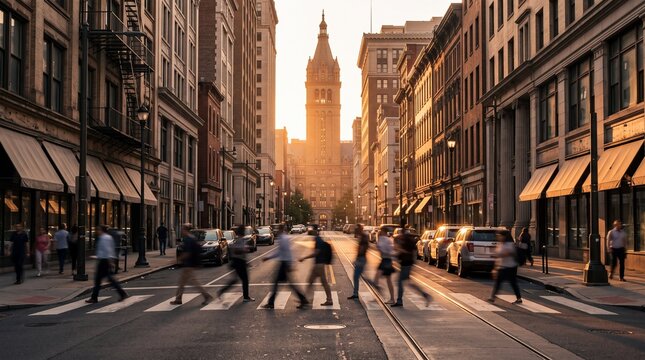 Blurred Pedestrians Crossing City Street at Sunset